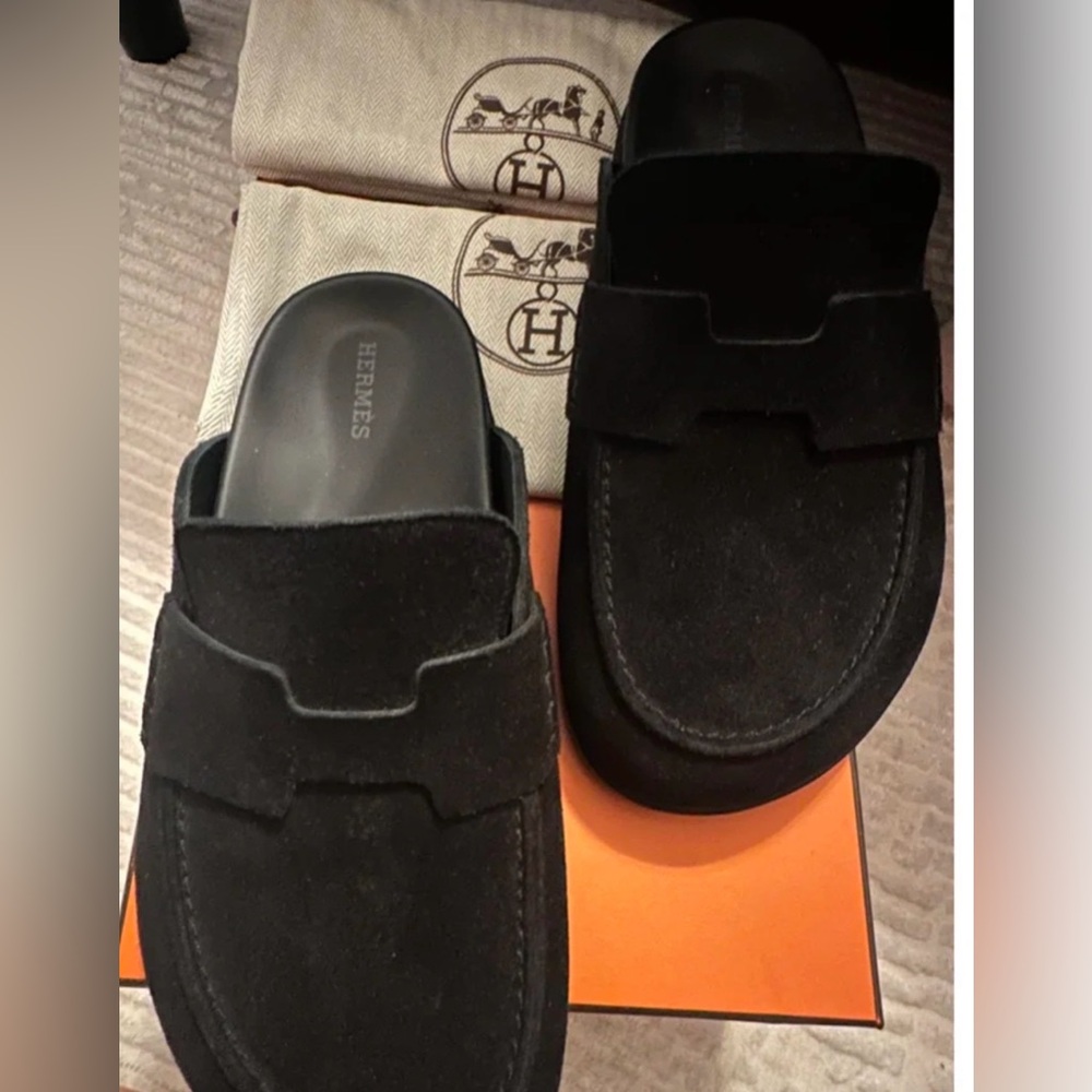 Hermes Black Suede Women's Mules